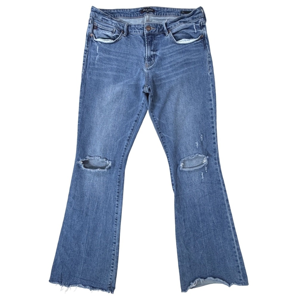 Ripped Flare Jeans Dear John Womens 32 Blue Rosie Distressed Raw Hem Mid Rise